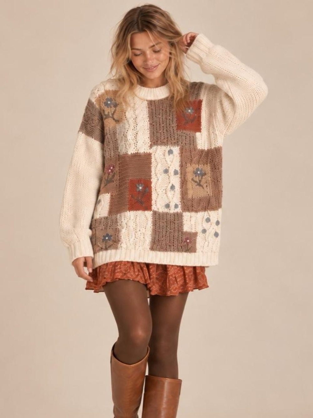 Vintage Cream Patchwork Cable Knit Sweater with Floral Embroidery